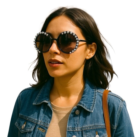 Pearl  Embellished Black Round Frame Dark Lens Sunglass…BALL… - Picture 4 of 8